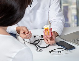 Dentist discussing model cutaway tooth and roots with patient