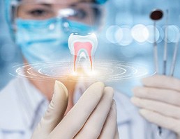 Illustrated tooth with roots levitating above dentist’s hands